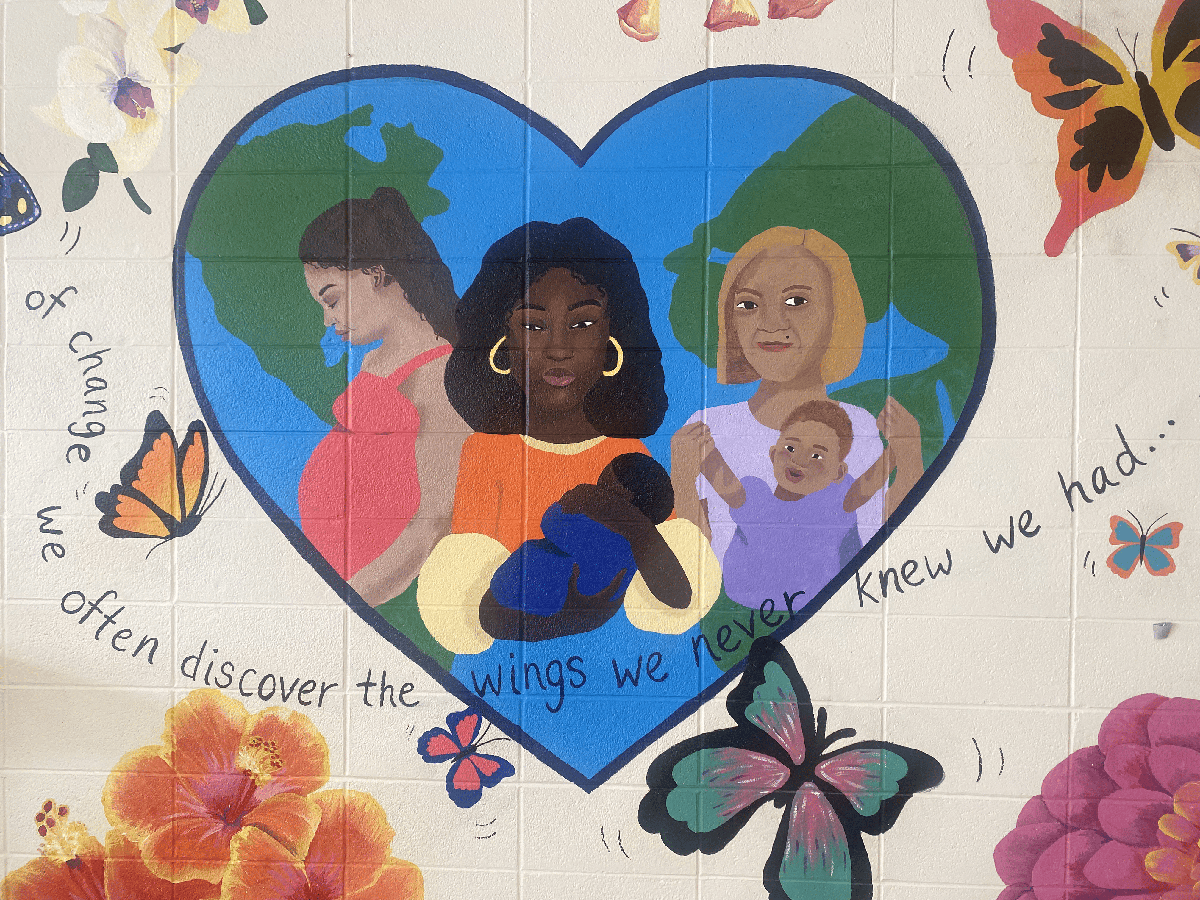 Echoes of Home, Acrylic painting on the wall of the Waltham Family School, group project by Alanis Gonzalez, 2025